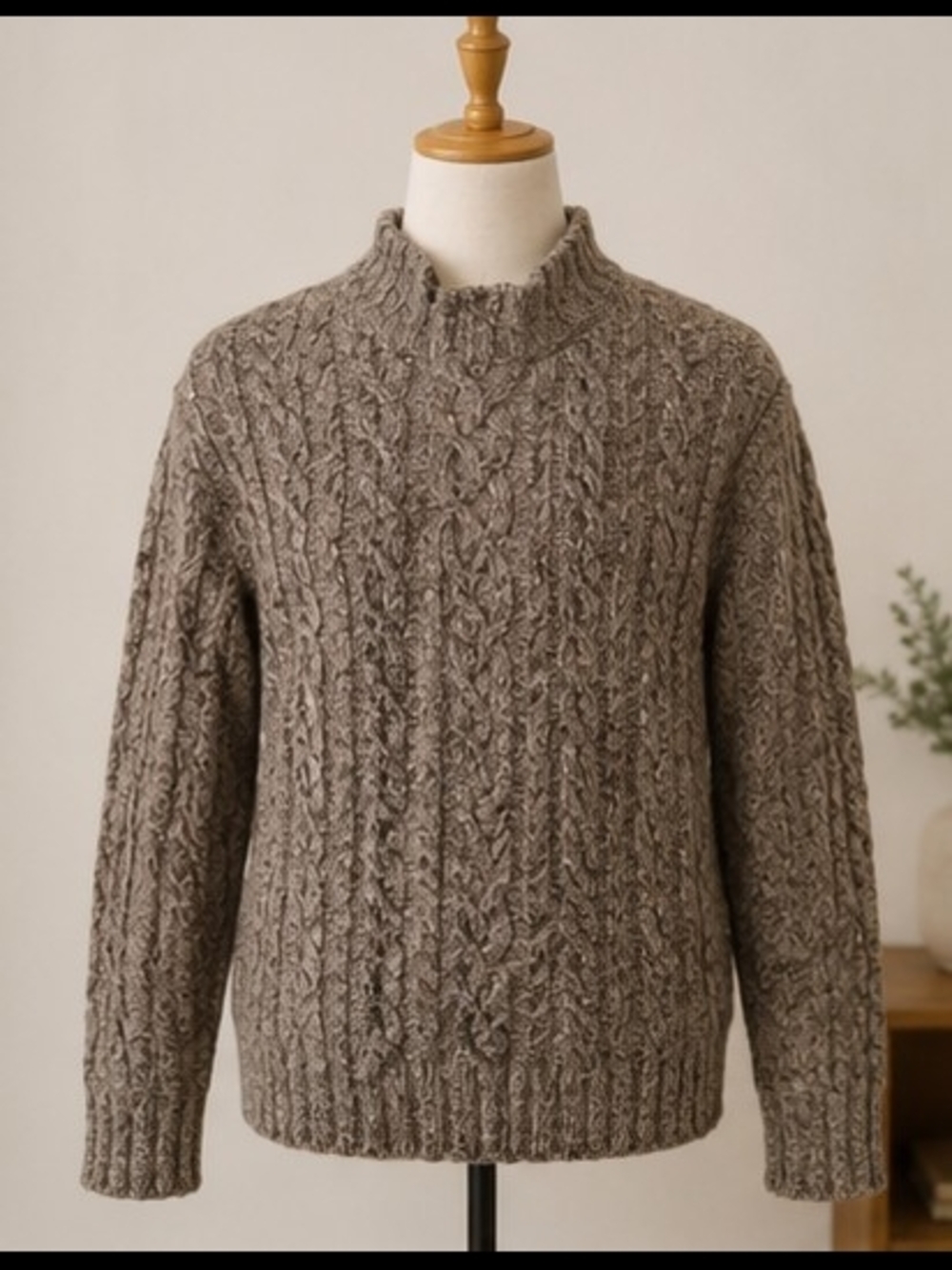 Men's Taupe Cable Knit Sweater - Classic Crew